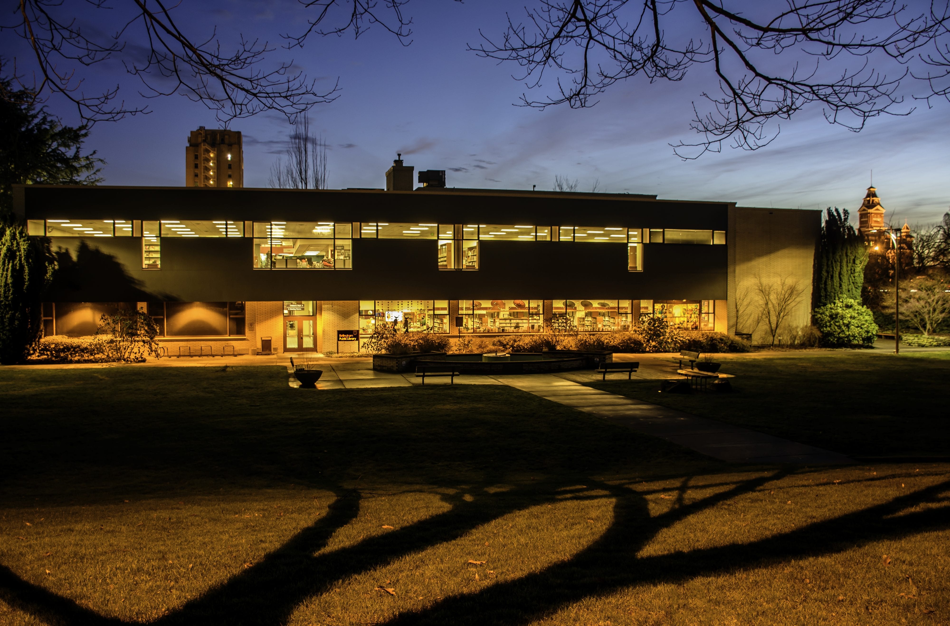Library lawn and back of building at dusk