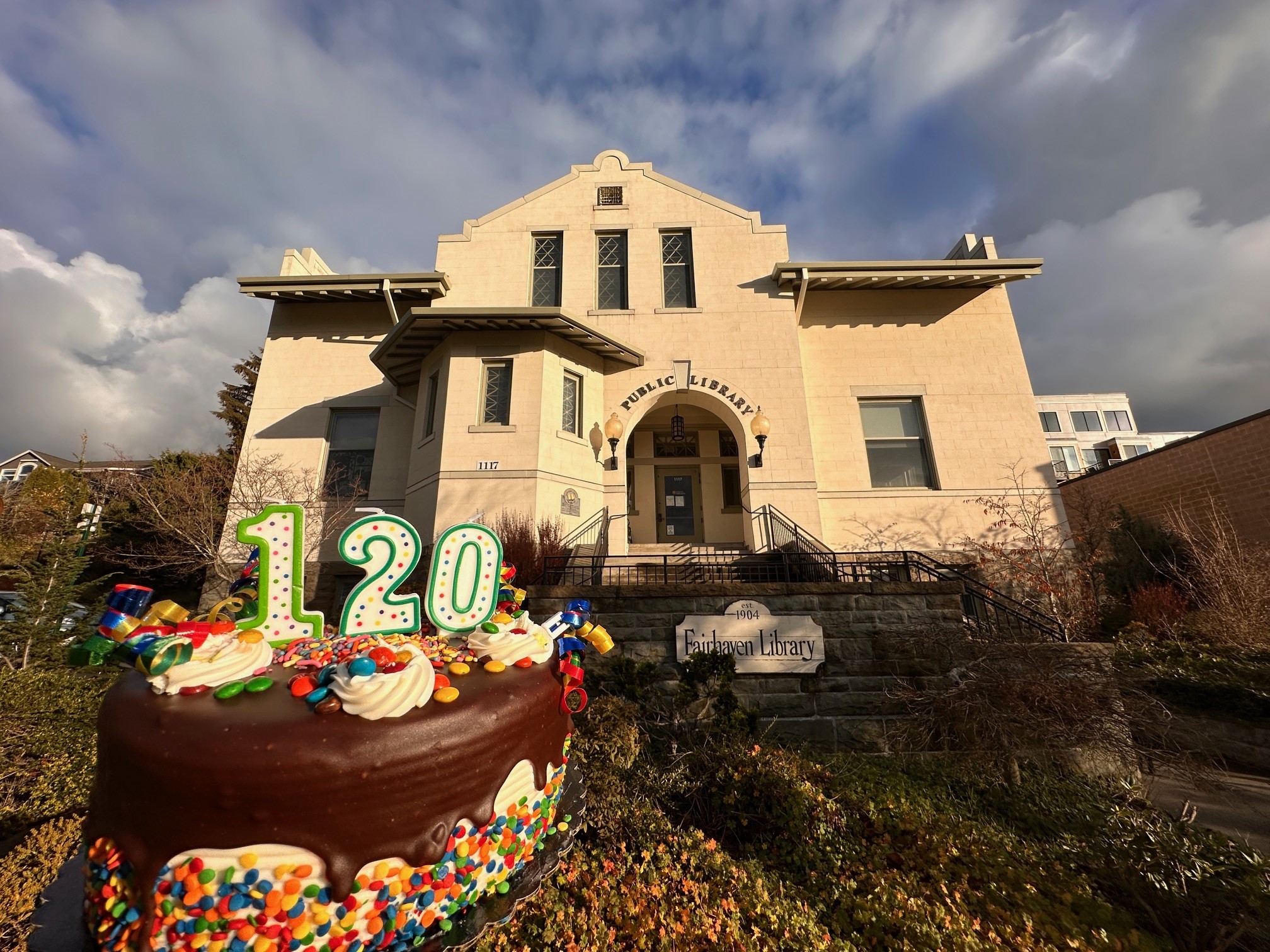 Birthday cake in front of Fairhaven Branch Library