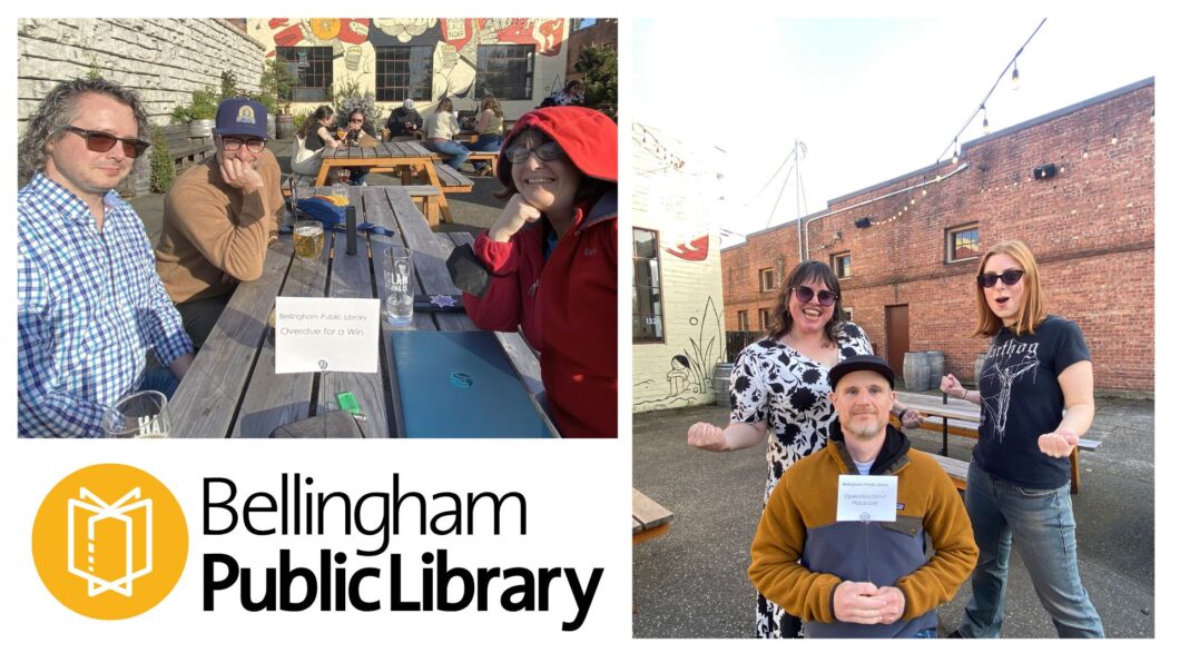 2 photos of the Bellingham Public Library staff competing in the Whatcom Literacy Council Trivia Bee fundraiser