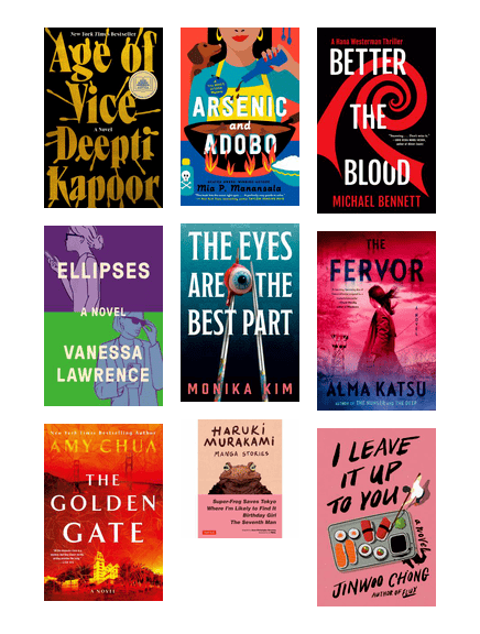 An assortment of book covers featuring Asian, Pacific Islander and Desi American fiction for adults