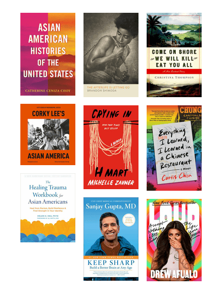 An assortment of book covers featuring Asian, Pacific Islander and Desi American nonfiction for adults