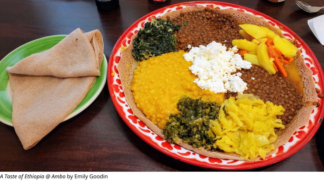 A colorful plate of Ethiopian food